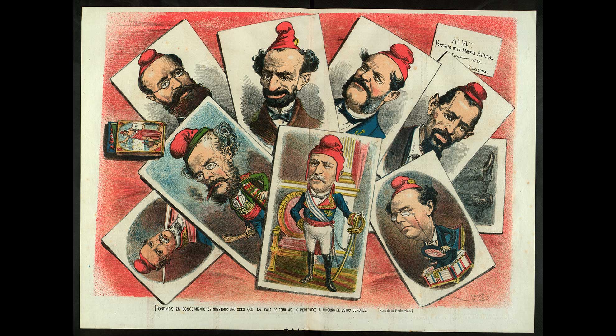 imatge El nou govern de Francisco Serrano. Encara duen el barret frigi republicà. Personatges: 1. José Echegaray y Eizaguirre. 2. Práxedes Mateo Sagasta. 3. Juan Bautista Topete. 4. Eugenio García Ruiz. 5. Manuel Pedregal Cañedo. 6. Víctor Balaguer i Cirera. 7. Francisco Serrano Domínguez. 8. Cristino Martos Balbi. Il·lustració publicada a La Madeja el 17 de gener de 1874. Biblioteca de Catalunya