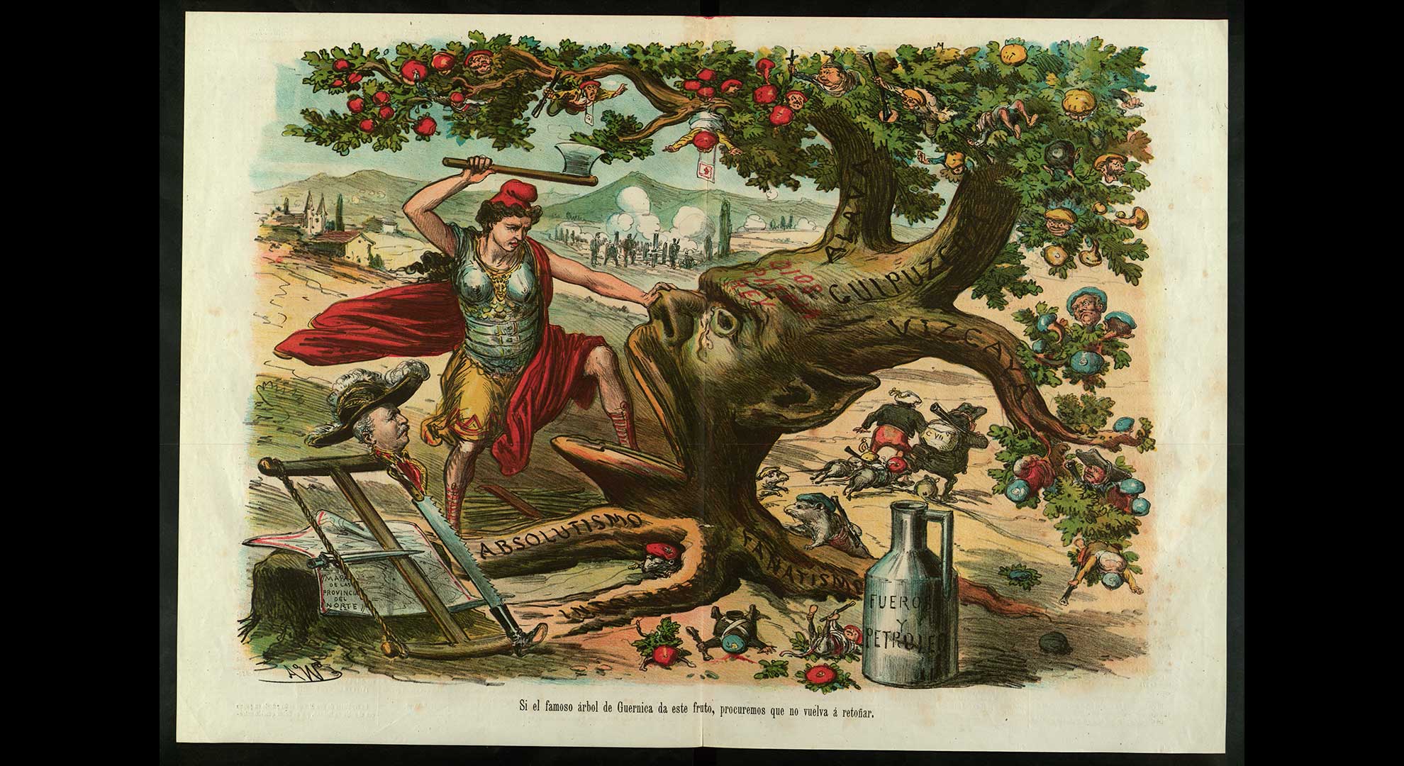 imatge La República escapça l’arbre del poder absolut del govern de Francisco Serrano. Personatge: 1. Francisco Serrano. Il·lustració publicada a La Madeja el 2 de maig de 1874. Biblioteca de Catalunya