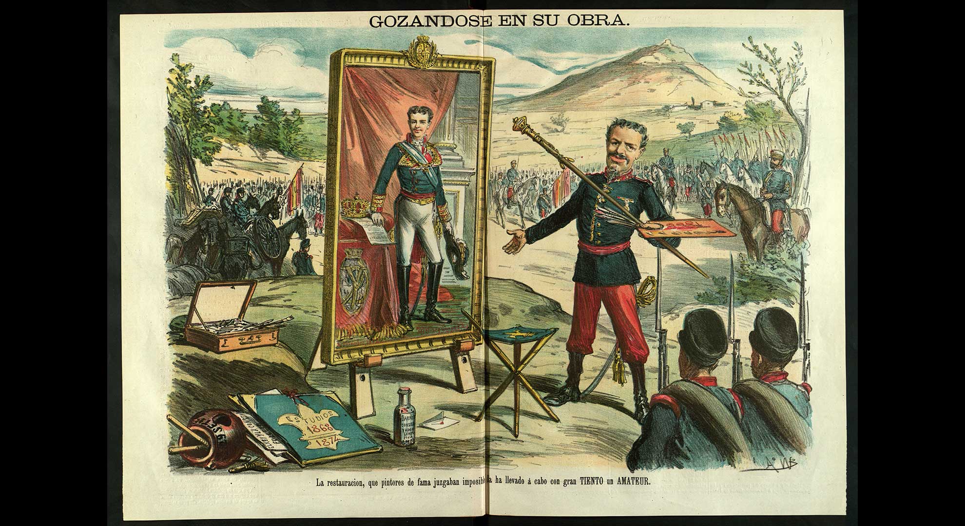 imatge El general Arsenio Martínez Campos (a la dreta), artífex de la restauració borbònica en la persona d’Alfons XII (retrat). Enrere quedava el Sexenni Revolucionari i s’obria un nou règim dinàstic. La Madeja, 7 de febrer de 1875. Biblioteca de Catalunya