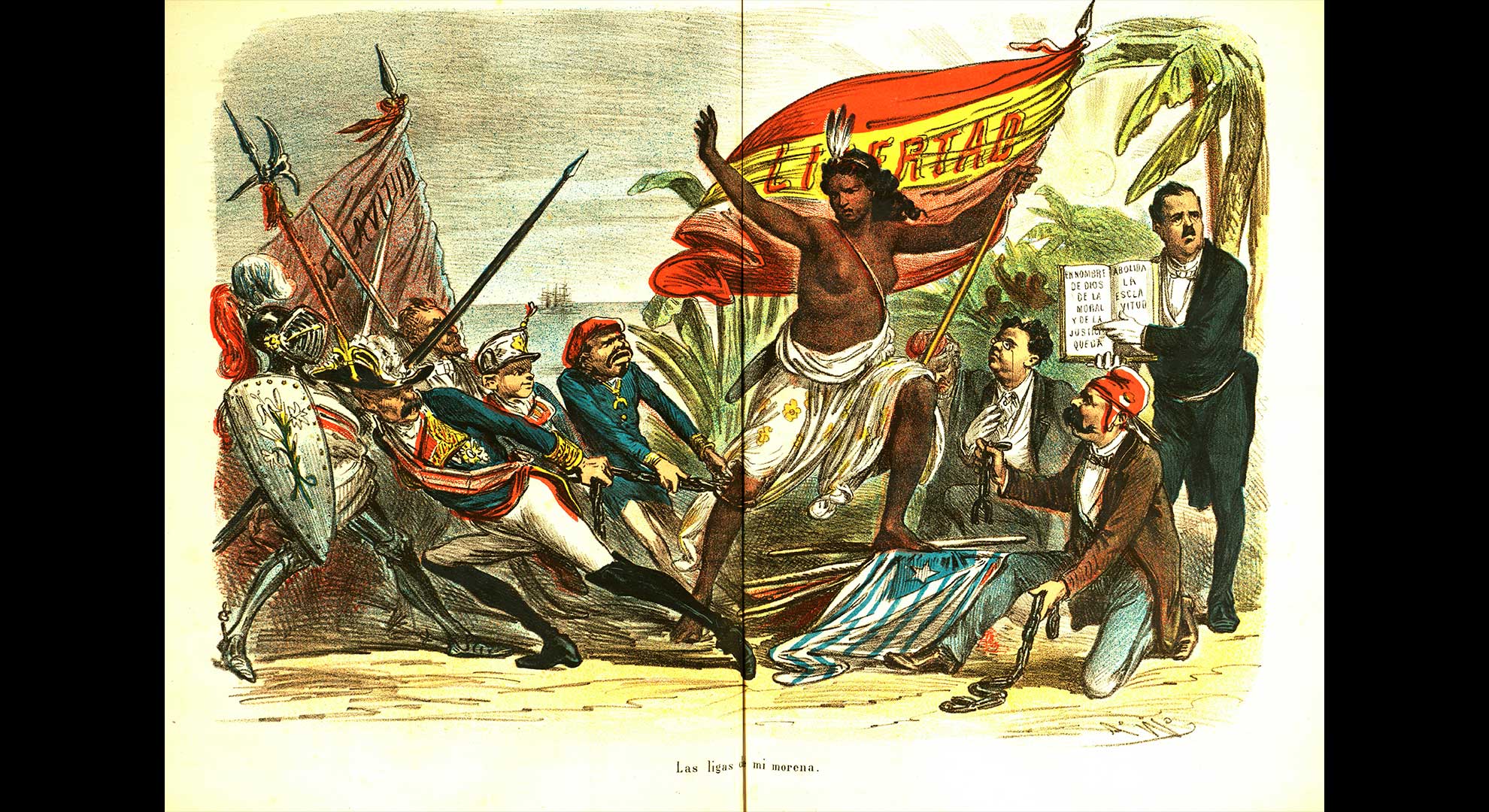 imatge La República negra enarbora una bandera espanyola amb l’expressió «Libertad». Personatges: 1. Francisco Serrano. 2. Alfons XII, encara aspirant al tron. 3. Carlins. 4. Cristino Martos. 5. Estanislau Figueras. Il·lustració publicada a La Flaca el 16 de gener de 1873. Biblioteca de Catalunya