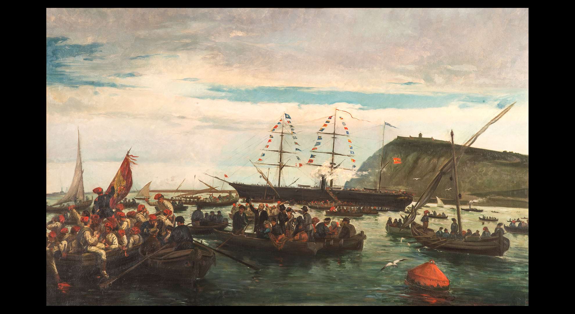 imatge Embarcament dels voluntaris catalans per a la Guerra de Cuba al port de Barcelona. Molts hi perdrien la vida. Pintura a l’oli de Ramon Padró i Pedret. Museu Marítim de Barcelona. Núm. inv. 6118 (aquest oli fou publicat a La Ilustración Española y Americana el 25 de desembre de 1869)