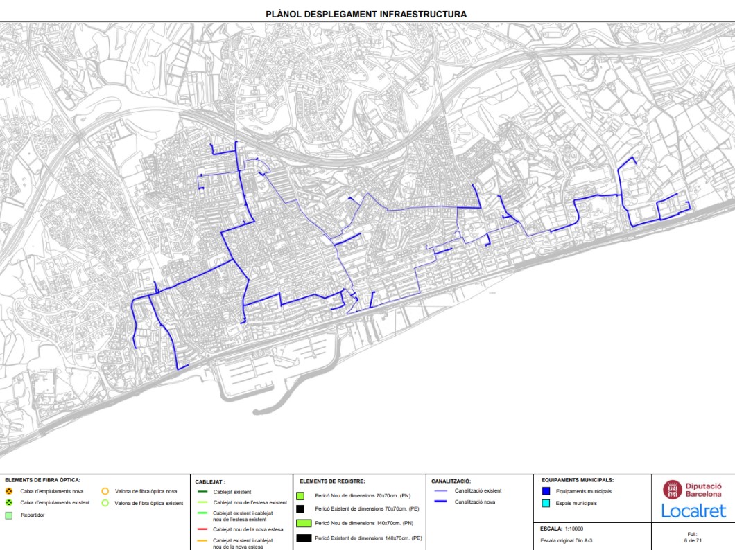 Plànol de desplegament d'infraestructures al Masnou, amb la canalització existent i la canalització nova. Imatge: Diputació de Barcelona Plànol de desplegament d'infraestructures al Masnou, amb la canalització existent i la canalització nova. Imatge: Diputació de Barcelona