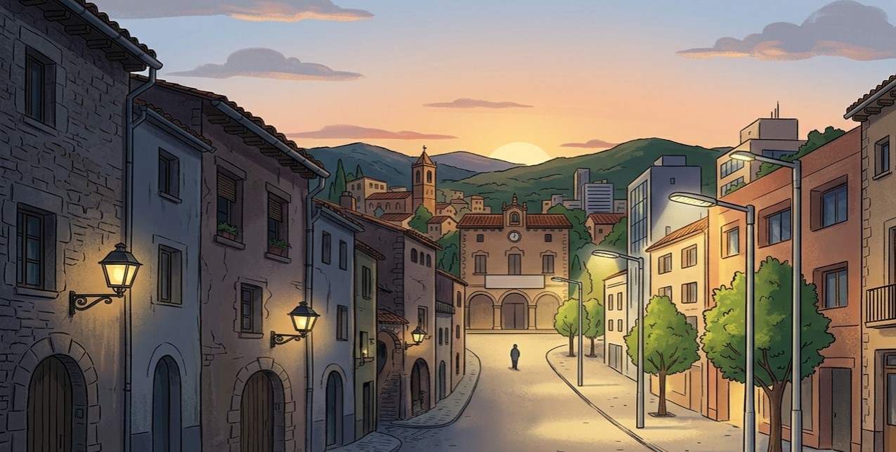 Poble il·luminat al capvespre