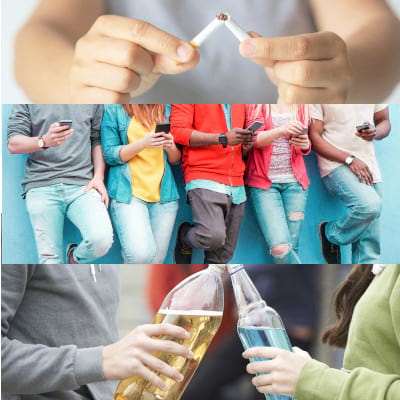 Alcohol © SpeedKingz/Shutterstock.com Tabac © Kamonwan Wankaew/Shutterstock Pantalles © DisobeyArt/Shutterstock.com Prevenció d'adiccions