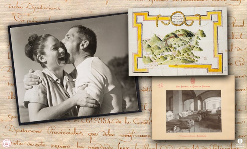 Fotomuntatge de diverses imatges que mostra un autoretrat del fotògraf Antoni Gallardo i Garriga, al matrimoni format per Joan Junyer i Dolors Canals i una imatge de la Casa de Caritat