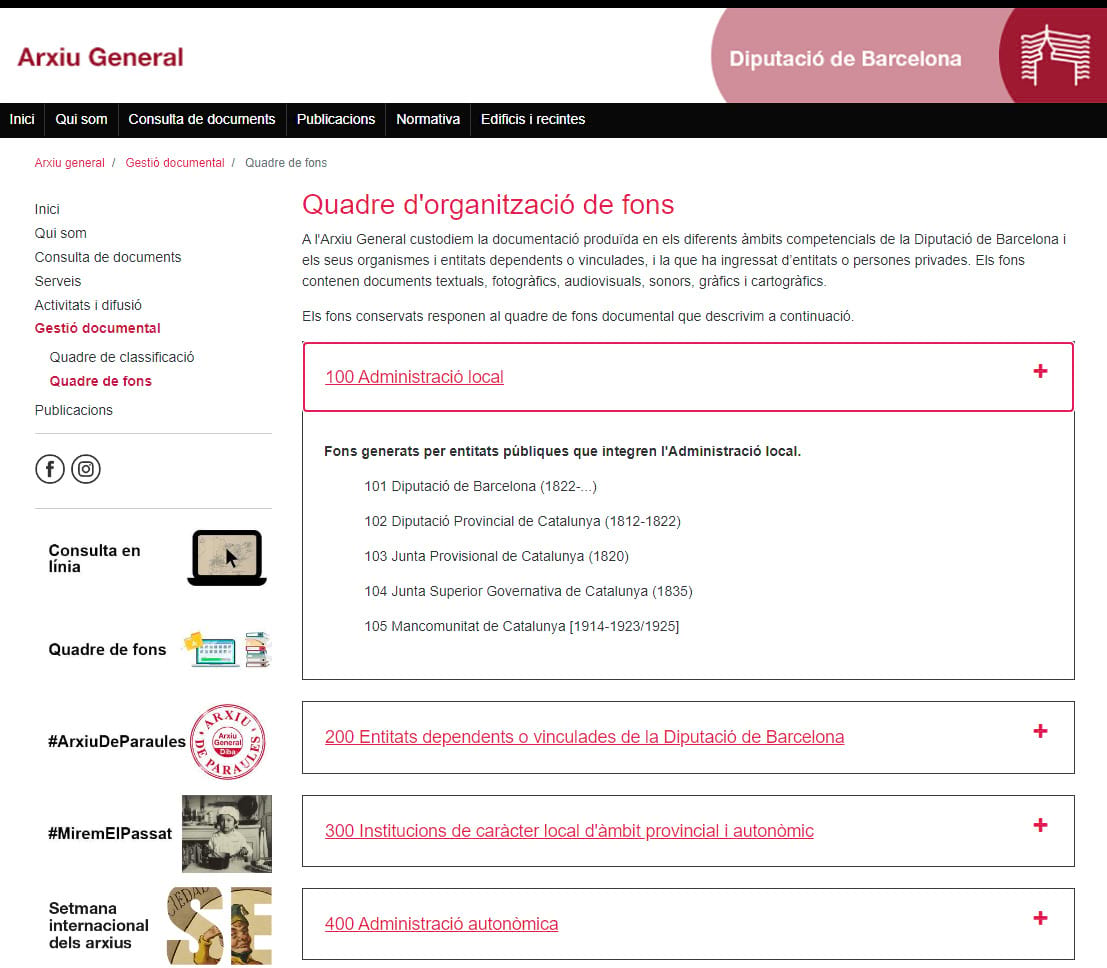 Imatge que mostra el Quadre d'Organització de Fons que estan custodiats i sota la responsabilitat dels centres d’arxiu de l’Arxiu General de la Diputació de Barcelona. Els fons, els quals contenen documents textuals, fotogràfics, audiovisuals, sonors, gràfics i cartogràfics, són organitzats seguint una estructura lògica