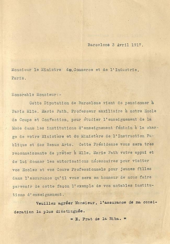 Comunicació d’Enric Prat de la Riba, president de la Mancomunitat de Catalunya, al ministre de Comerç i Indústria francès Étienne Clémentel, sobre l’estada becada de Maria Fath a París, 3/4/1917. Fons: Diputació de Barcelona. (CAT AGDB 3392, exp.1)