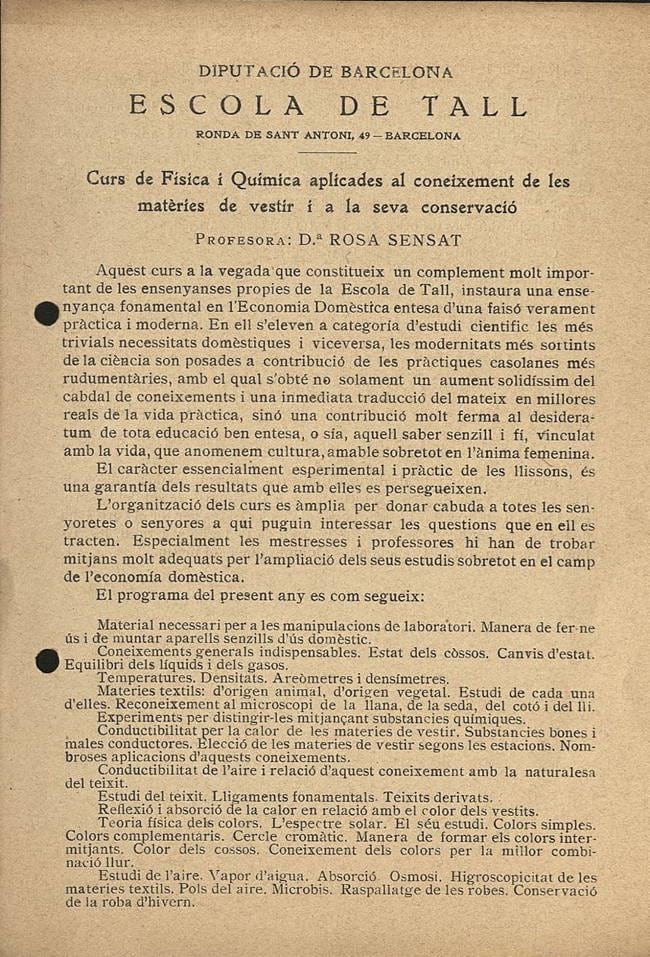 Programa del curs de Física i Química impartit per Rosa Sensat a l’Escola de Tall, 1918. Fons: Escola de la Dona. (CAT AGDB B-2861)