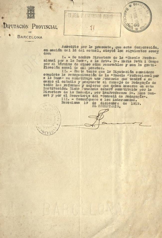 Nomenament de Maria Fath com a directora de l’Escola Professional per a la Dona, 1921. Fons: Escola de la Dona. (CAT AGDB B-2861)