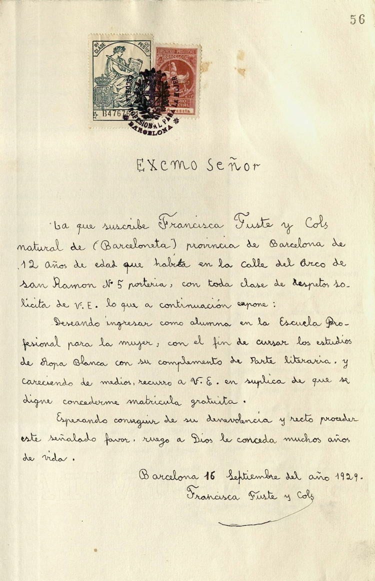 Sol·licitud per cursar estudis gratuïts a l’Escola Professional per a la Dona, 1927. Fons: Diputació de Barcelona. (CAT AGDB 4189, exp.10)