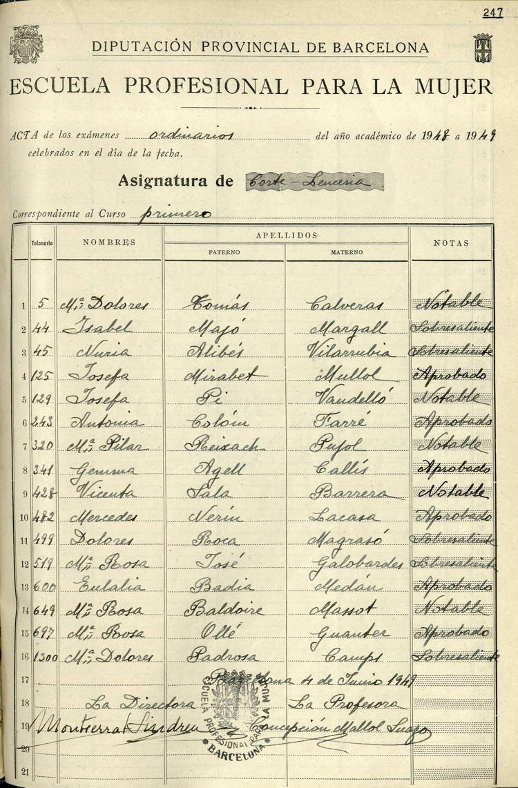 Actes dels exàmens de tall i llenceria del curs 1948-1949. Fons: Escola de la Dona. (CAT AGDB B-24)
