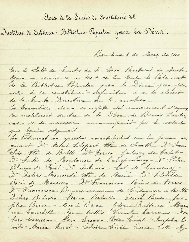Acta de la sessió de constitució de l’Institut de Cultura i Biblioteca Popular de la Dona, 5/3/1910. Fons: Institut de Cultura i Biblioteca Popular de la Dona. (CAT AGDB 1)
