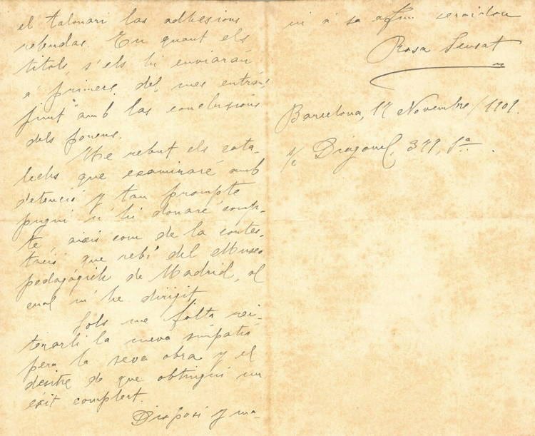 Carta de Rosa Sensat a Francesca Bonnemaison, 17/11/1909. Fons: Institut de Cultura i Biblioteca Popular de la Dona. (CAT AGDB 77)