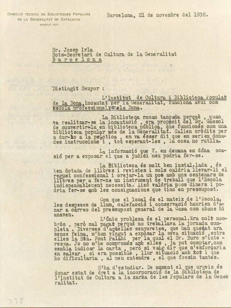 Proposta per convertir l’Institut de Cultura i Biblioteca Popular de la Dona en biblioteca pública, 21/11/1936. Fons: Generalitat de Catalunya (Segona República). (CAT AGDB Q-24, exp.328)