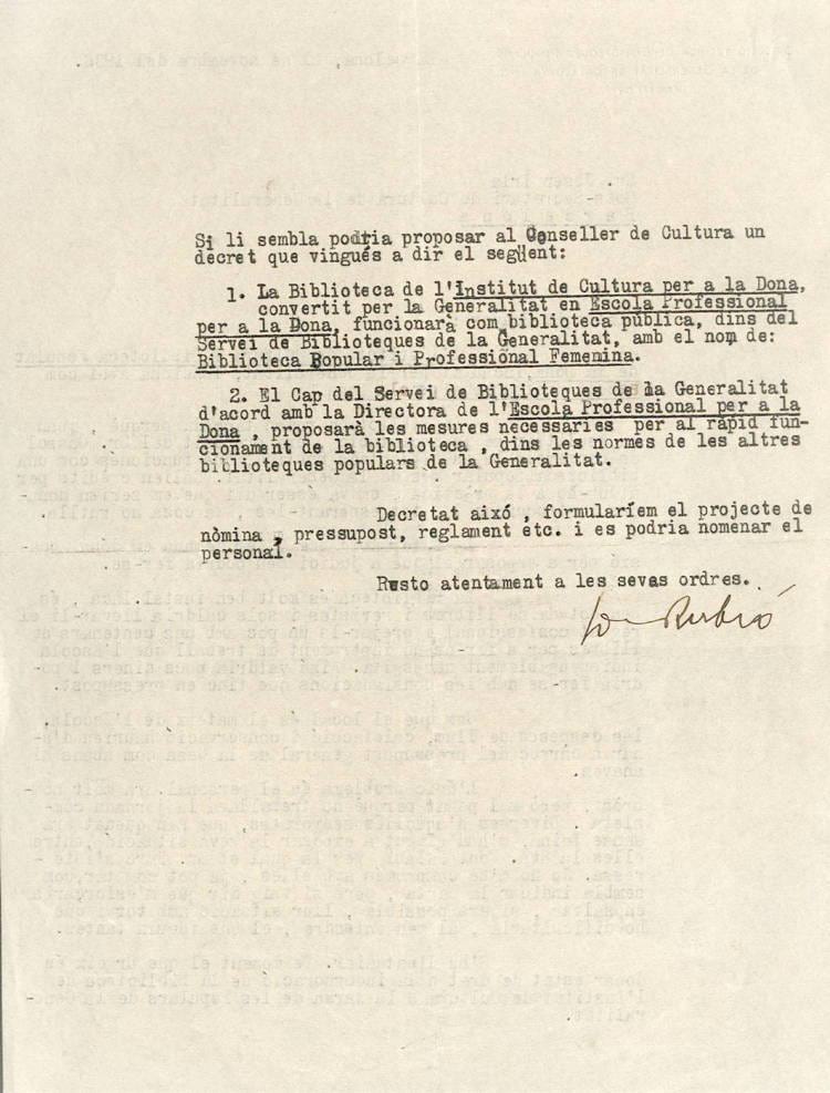 Proposta per convertir l’Institut de Cultura i Biblioteca Popular de la Dona en biblioteca pública, 21/11/1936. Fons: Generalitat de Catalunya (Segona República). (CAT AGDB Q-24, exp.328)