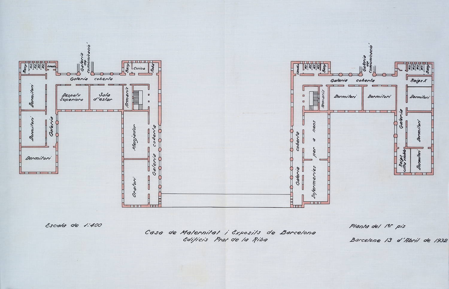 Plànol del primer pis dels edificis Prat de la Riba , 1932. Autoria desconeguda. Fons: Diputació de Barcelona. (CAT AGDB R.6672)