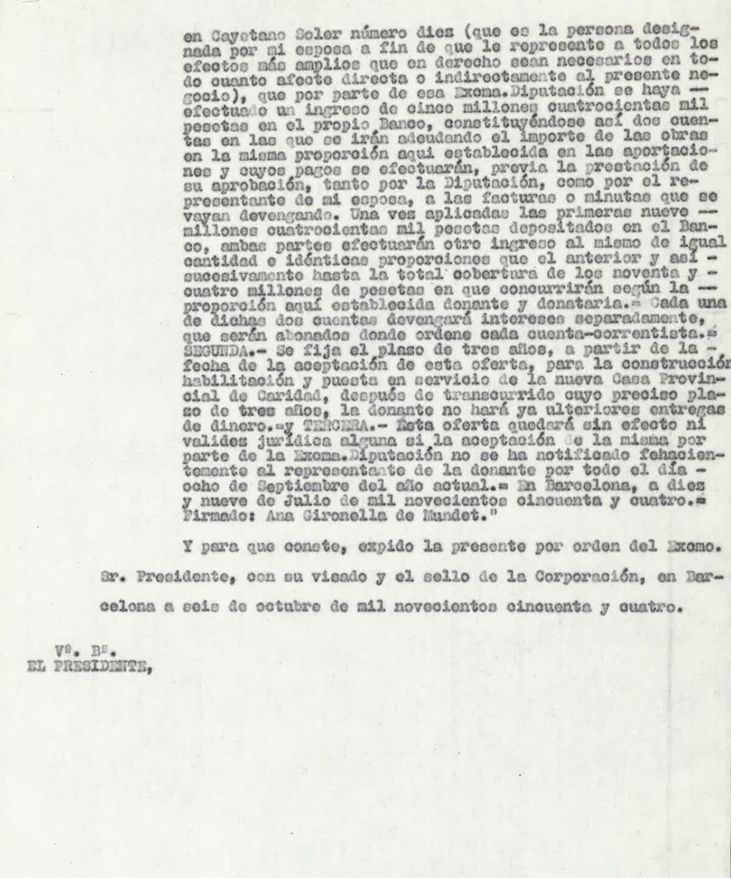 Certificación de la aprobación del donativo de la familia Mundet por la Diputació de Barcelona, 1954. Fondo: Diputació de Barcelona. (CAT AGDB 3597)